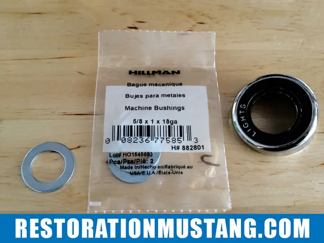 Head light switch bezel retaining nut and washer | Fitting a 70 mustang switch bezel on a 71 72 or 73 Ford Mustang. This seems to be a topic affecting a lot of fellow mustang restorers out there. Currently, the aftermarket does not remanufacture switch bezels for the 71-73 mustangs. The do however make them for the 69-70 mustang and at first glance they look similar. They couldn’t be less compatible with the 71-73 if they tried… The first problem you will need to correct is the tabs that come supplied on the bezels. These will need to be ground off of the bezel. Next, be certain that you do not mess up your original bezel retaining nuts, these are impossible to find on the aftermarket and are essential for this project to be a success. For my project mustang, I simply sanded these town to a smooth finish and sprayed mine satin black. It makes for a cleaner appearence and lets the bezels really shine in the dash panel. Moderate Install DifficultyOnce all the bezels are ground down and lay flat at the back, you will notice that the headlight switch bezel retaining nut’s head is too small to fit into the new headlight switch bezel. This does not seem like a huge problem, but it is… You will need to head over to northern tool supply or get online and find a machine bushing that measures 5/8 x 1 x 18ga. This is the perfect size to fit into the new bezel and provide a nice surface for the bezel retaining nut to attach. Your next dilemma will be that with the new setup, your bezel retaining nut is about 1/4″ too short to re-thread into the headlight switch once the back spacer is placed between the switch and the inside of the dash frame. I tried numerous solutions to solve this problem, but the angle of the dash panel is too odd for the switch to tighten down properly. The solution is to recess the face of the back spacer approx 1/4″ so that the switch becomes closer to the bezel retaining nut. To do so, I simply hit it gently with a mallet to recess inward. There are better methods to do this, but this does work just fine. The last issue you will run into is that the new headlight switch knob and stem for the 69-70 mustang is 1/2″ too short to make contact inside the headlight switch. You will need to gently pull the knob off of the new stem and refurbish your original headlight switch stem. Once you do all of this, viola! The setup looks new and fancy!